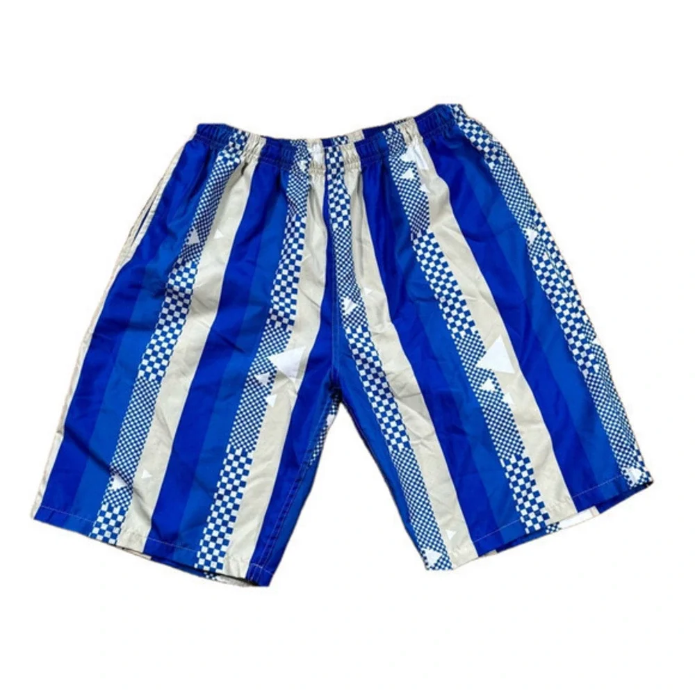 Blue and White Geometric Striped Board Shorts / Swim Trunks